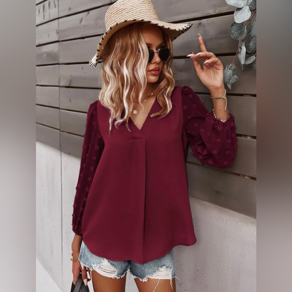Swiss Dot Curved Hem Blouse